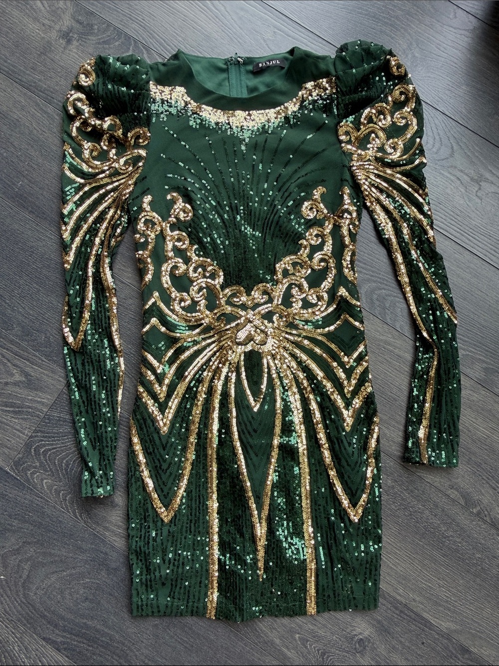 Banjul Emerald Green & Gold Sequin Long Sleeve Bodycon Dress